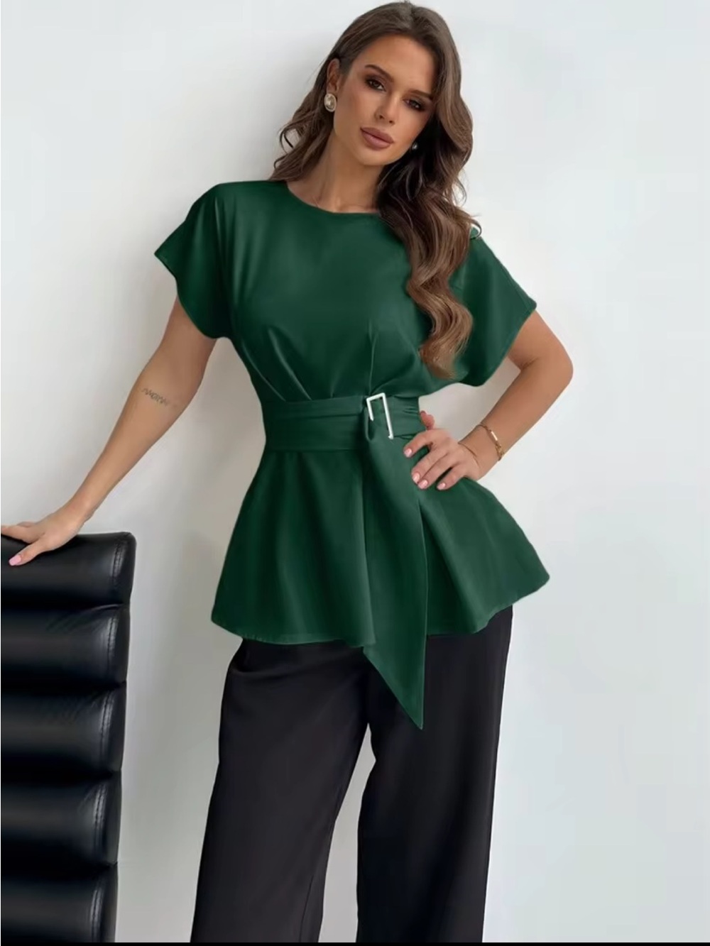 SHEIN Green Fitted Belted Office Top and Elegant Green Wide-Leg Pants Set